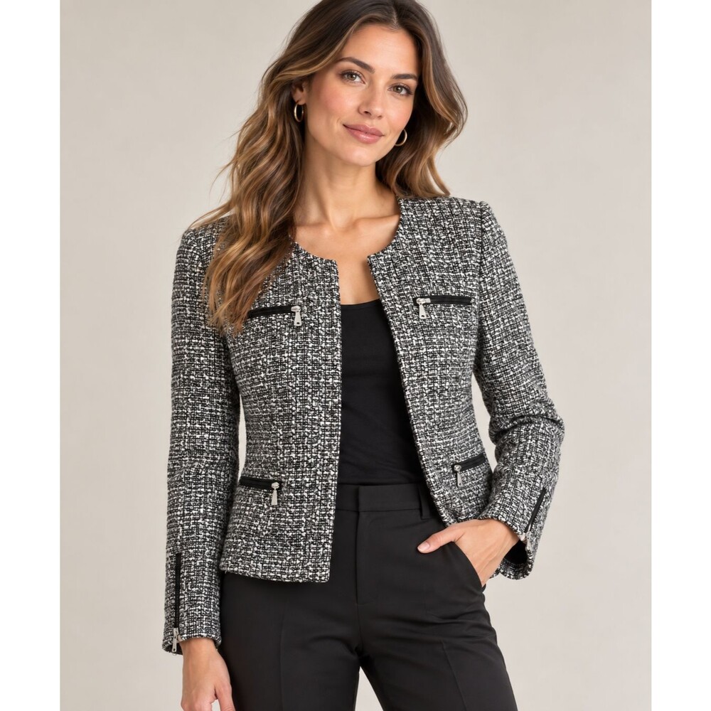Soft Surroundings Tweed Moto Jacket Women’s Size Small Black White Blazer Coat